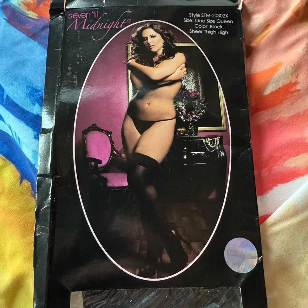 Seven Til Midnight Black Sheer Lace Thigh High Stockings Queen Size NWT